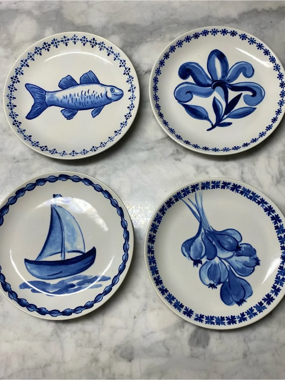 4 William Sonoma Appetizer Plates 6.5” Blue And White Various Designs